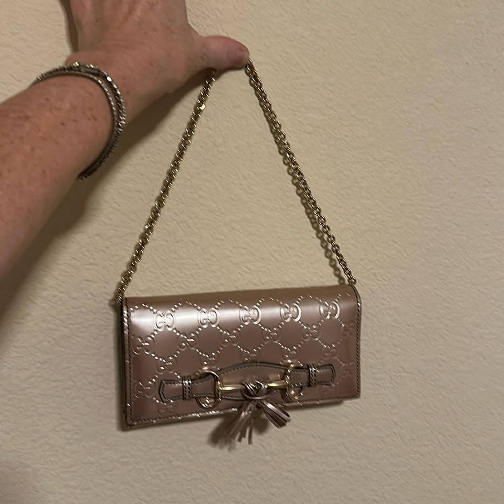 GUCCI Blush Patent wallet on chain Monogram w/COA Authentic removable chain